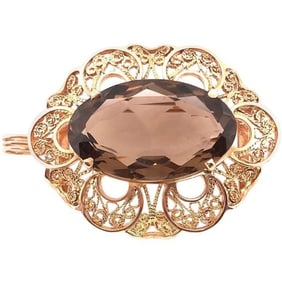 14 K Gold Filigree with Smokey Topaz Brooch 12.75g