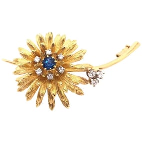 14 Kt Gold Brooch- Center Sapphire Diamonds 19.54g