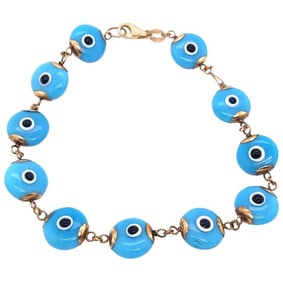 14 Kt Gold Blue Ceramic Evil Eye Charm Bracelet 9g