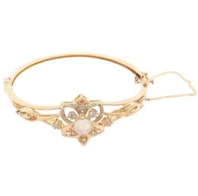 14K Gold Bangle Bracelet w/Opal and Diamond 14.89g