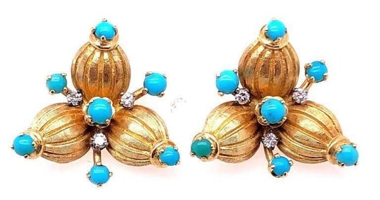 18K Gold Earrings w/ Diamonds and Turquoise 13.5g