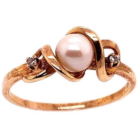14K Yellow Gold Pearl Ring with Diamonds 2.2g