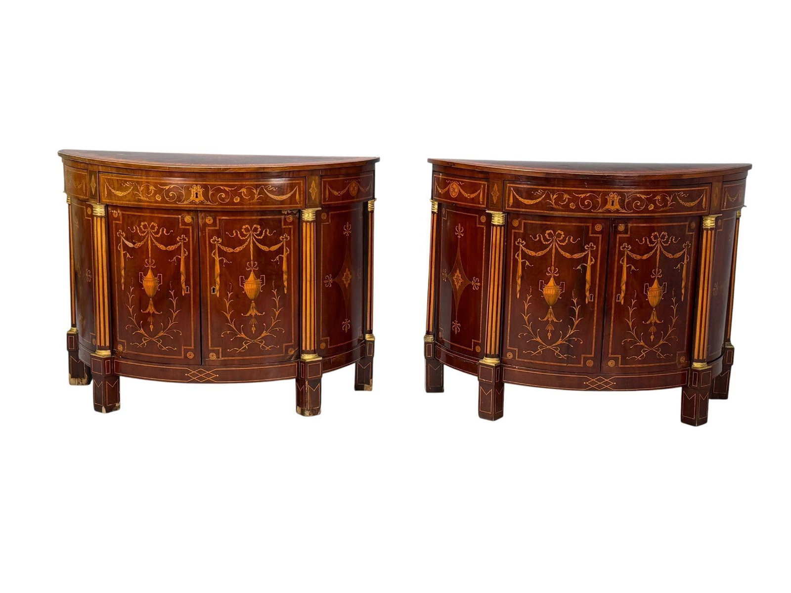 Pair of Adams Demi Lune Commodes, Servers: Pair of Large Demilune CommodesHeight: 39 inches, Width: 48 inches, Depth: 23.5 inchesFrom a Newport Rhode Island Estate