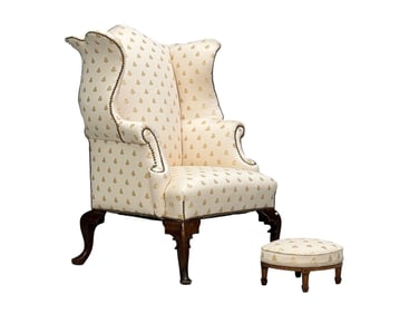 Queen Anne Wingback Chair, Scalamandre w Footstool