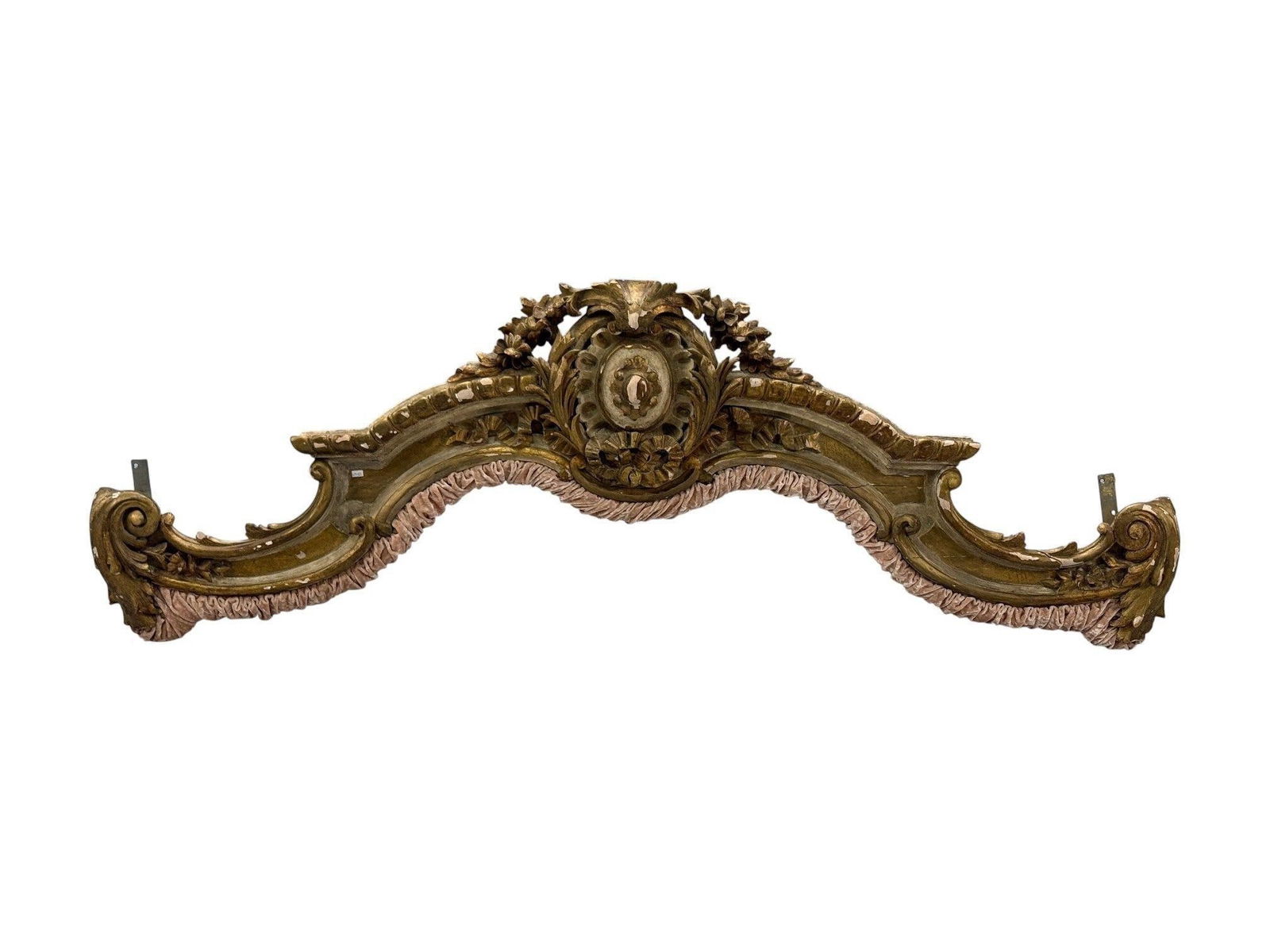 18th Century Italian Painted and Gilt Valance: Finely carved and decorated in a 24 kt gold gilt. In need of some repair Height 26.25 inchesWidth 76 inchesDepth 11 inchesFrom a Fine Rhode Island Waterfront Home