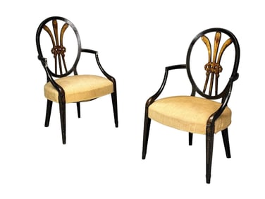 Pair of Ebony and Gilt Feather Back Armchairs