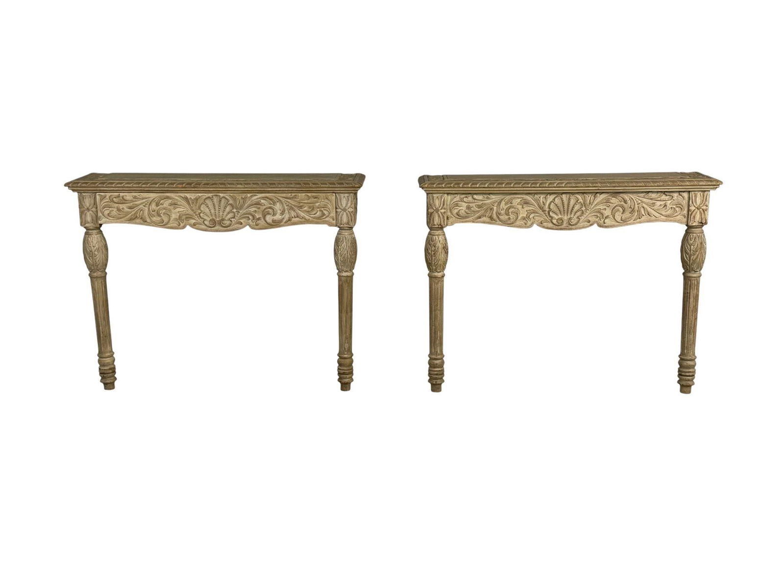 Pair of Italian Carved Console Tables: Pair of Carved Console TablesDimensions of each individual tableHeight: 32. 25 inchesWidth: 42 inchesDepth: 10.25 inchesFrom a Fresh Waterfront Rhode Island Estate