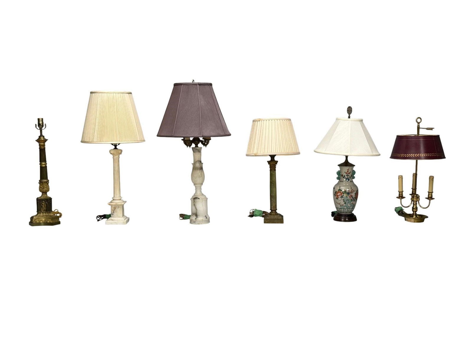 Six Table Lamps, Neoclassical, Chinese and Tole: Six Table Lamps, Four Neoclassical, one metal and two marble, one bronze and onyx. One of Chinese form and brass tole lamp with shades. Shades may or may not accompany lamps when delivered. Tallest la