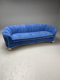 Blue Velour and White Tweed Channel Back Sofa