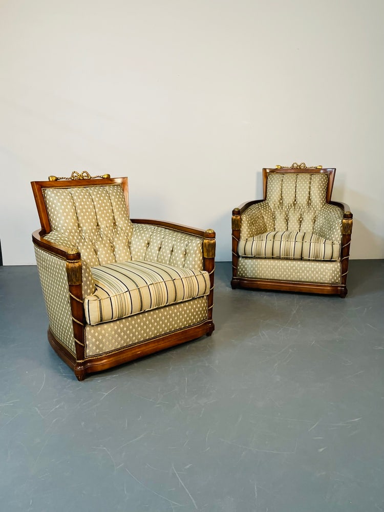 Pair of Grosfeld House Hi Back Arm Chairs, Bergere or Lounge Chairs: Pair of Grosfeld House Hi Back Arm Chairs, Bergere or Lounge Chairs, Scalamandre Fabric. This stunning Grosfeld House pair of tall back arm chairs in a stunning Scalamandre fabric having solid mahogan
