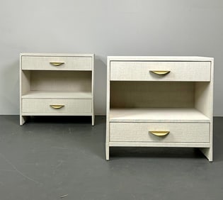 Pair Custom Linen Wrapped Open Commodes, Chests, Nightstands, White, American