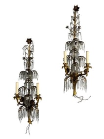 Pair of  Brass and Crystal Wall Sconces.