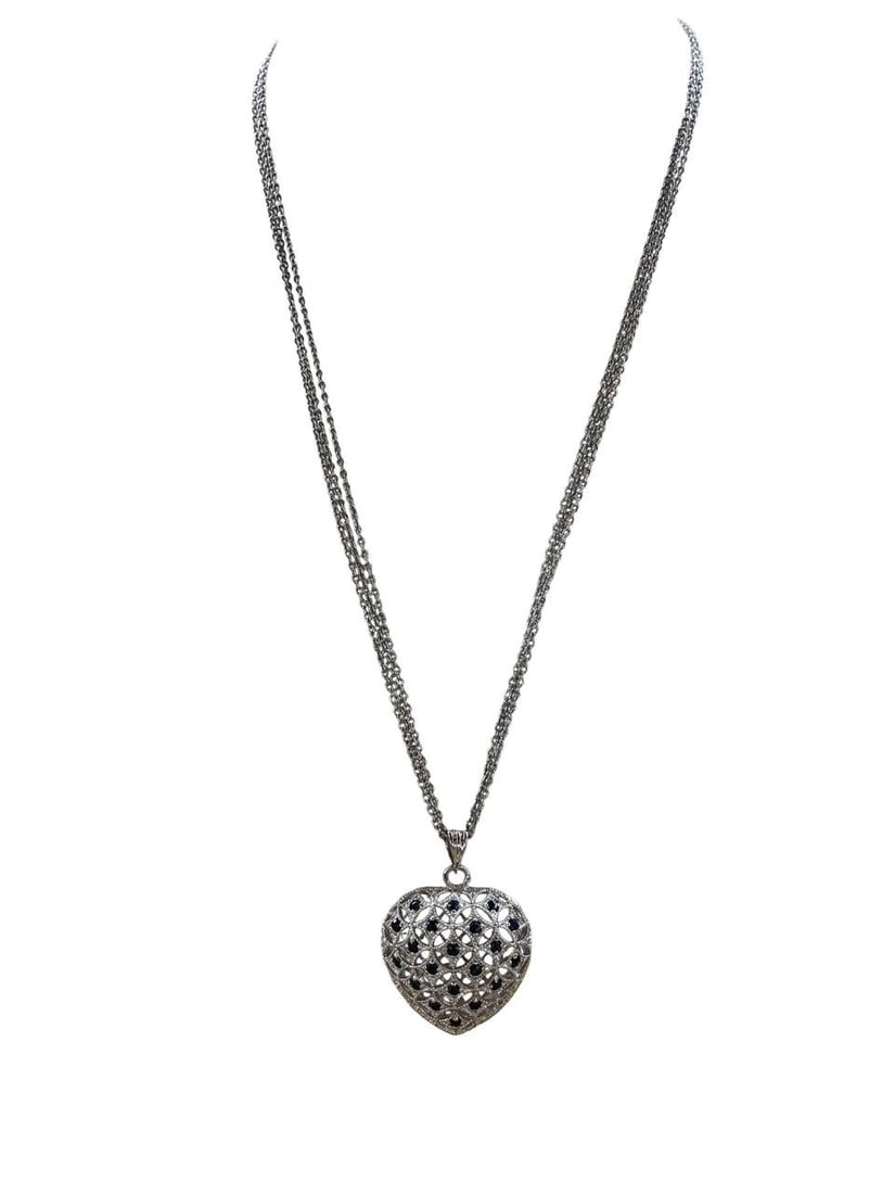 Sterling Silver Puffed Heart Pendant with Sapphires: Puffed Heart Pendant with Sapphires.Mark 925.Weight 9.26g.Length:8.5 inches.Size of pendant: 1 x 0.9 inches