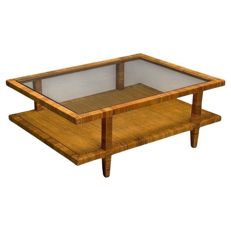 Bielecky Brothers Coffee Table, Cane Wrap: Bielecky Brothers, Modern Coffee Table, Cane Wrap, Glass, USA, 21st C.A large coffee table handmade by Bielecky Brothers in the United States, early 21st century. This piece features two tiers, with a