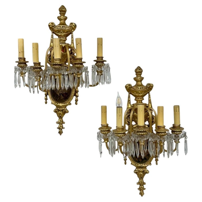 Pair of Louis XVI Style Bronze and Crystal Rams Head Five Light Sconces (1 of 8)