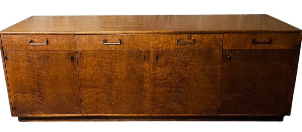 Mid-Century Modern Dresser / Sideboard, Brass, American Designer: Mid-Century Modern Dresser / Sideboard, Brass, American Designer Walnut Mid Cent Dresser or Chest having four drawers above four doors leading to large open interiors. the whole having rectangular ind