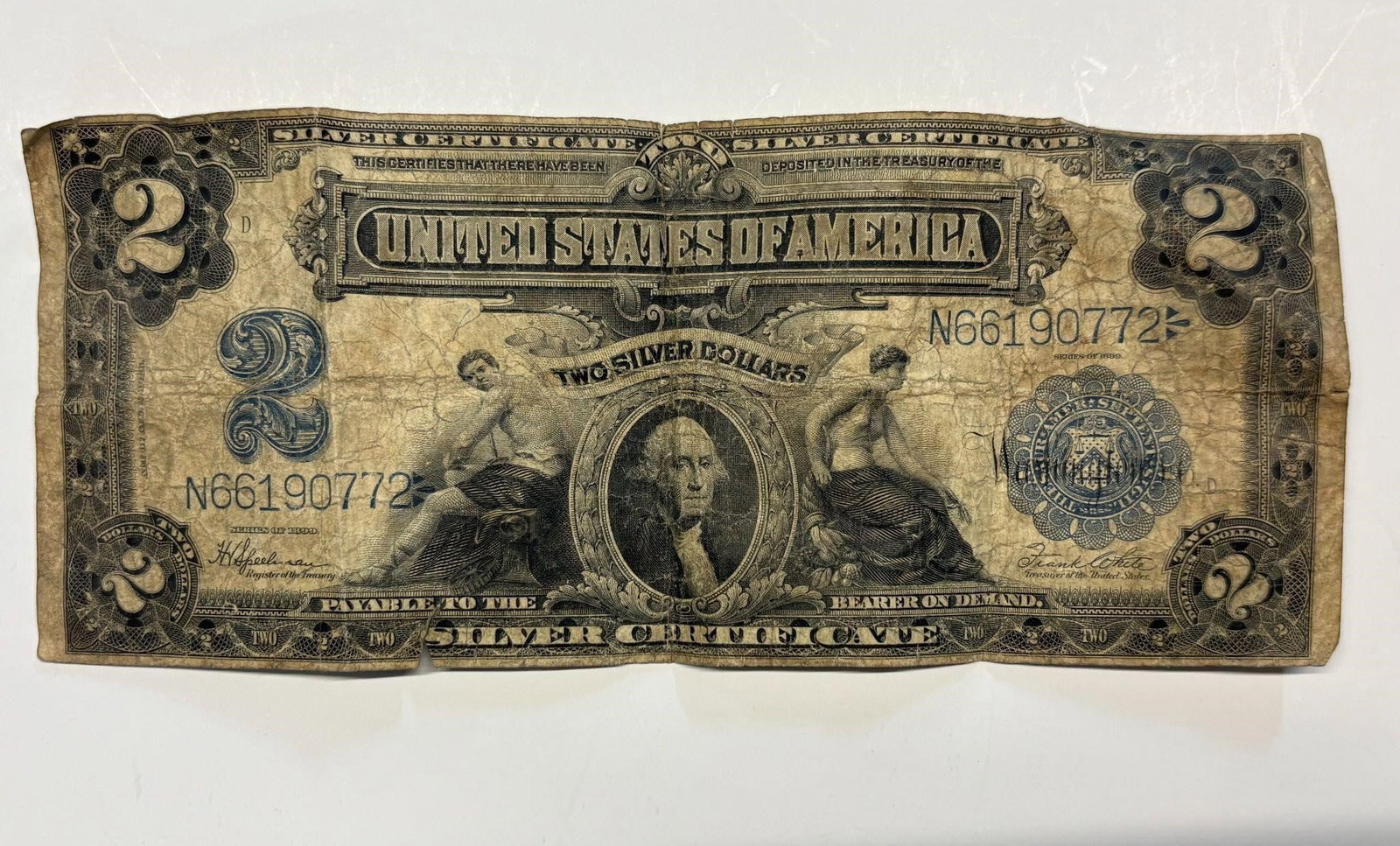 Rare Importnant Large $2 Dollar Silver Certificate: A rare and importnant large two dollar silver certificate measuring 3" x 7".