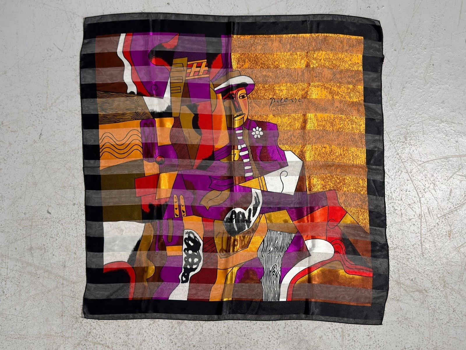 Two Silk Scarves, Picasso: Polka Dots: 28 x 28 inches.Picasso: 39 x 39 inches.