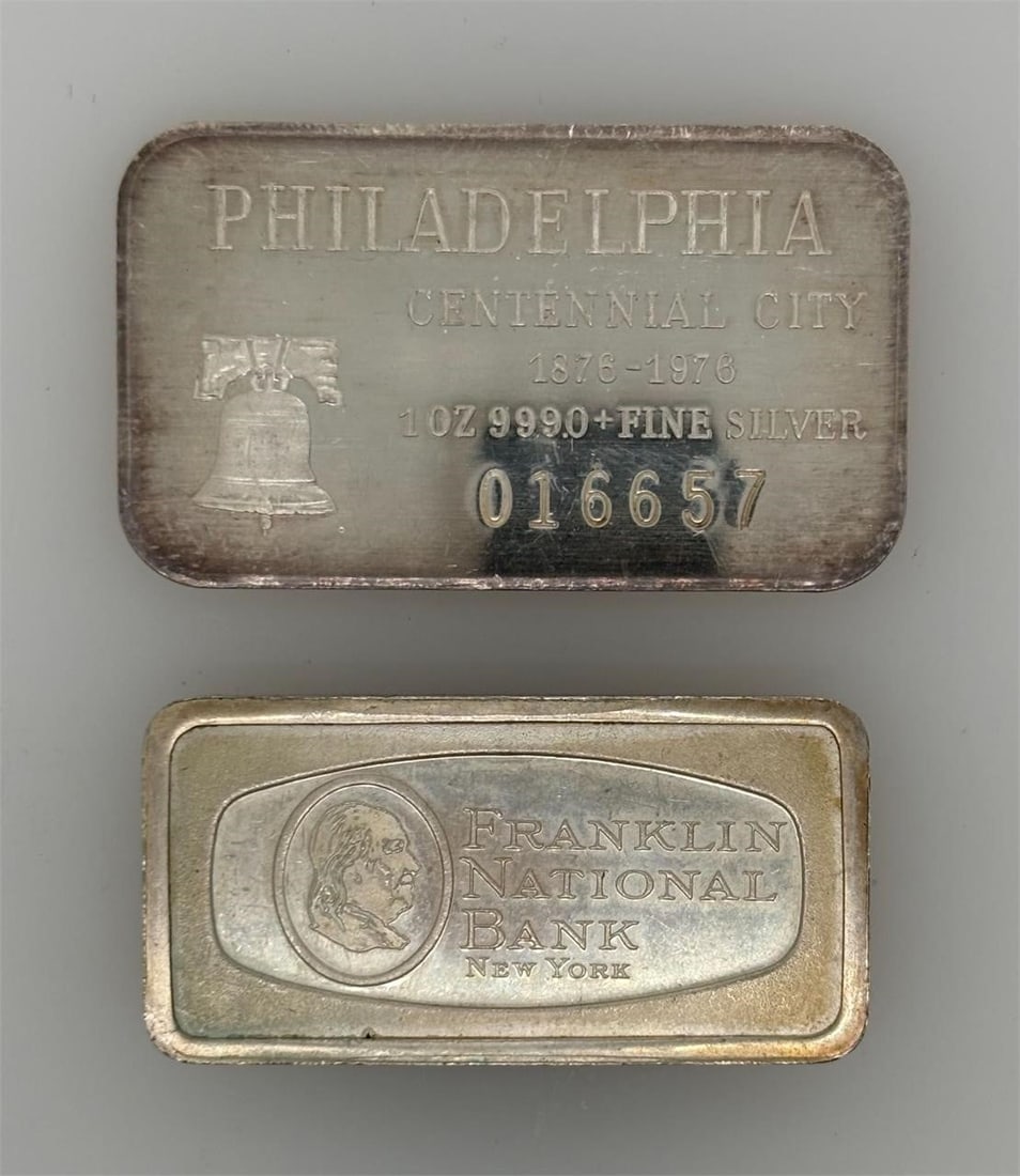 Solid Sterling Silver Bars, 96.77 grams Sterling.: One marked 1 OZ Fine Silver .9990One marked Solid Sterling Silver 1000 grains3.413 Oz. 96.77 grams of fine silver.