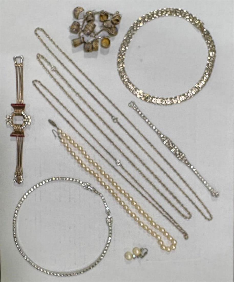 Large Lot of Sterling Silver Jewelry with Stones,: A stunning group of Sterling Silver pieces having one Art Deco desirable bracelet with colored stones, A very heavy 48.31 grams herringbone sterling chain, a sterling and rhinestone necklace with a ma