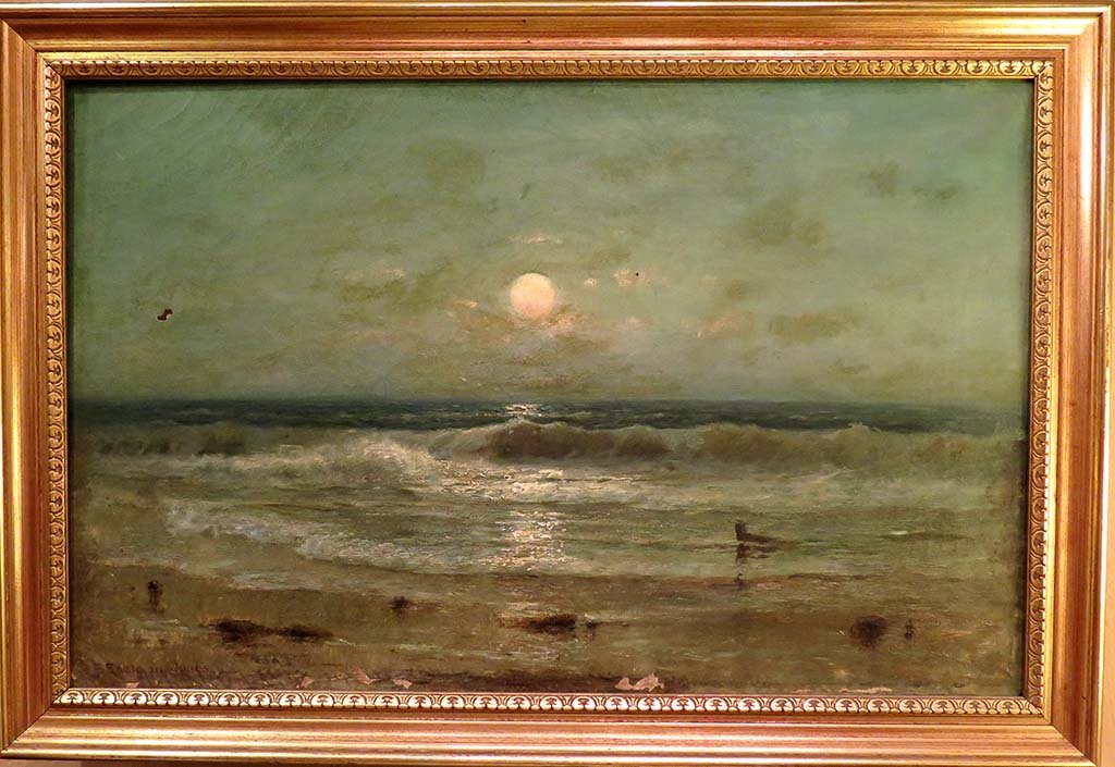 F. EASTMAN JONES OIL ON CANVAS: Oil on canvas sunset seascape in blur and green tones. Signed lower left F. Eastman Jones. Custom gilt framed. Note: Paint loss to bottom of canvas. Small puncture to center left of canvas. Measures: 