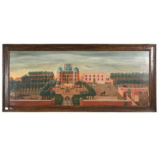 OIL ON CANVAS: Oil on canvas depicting figures n a village scene. Signed lower left and dated 1758. Measures: 23½" H x 64" W.