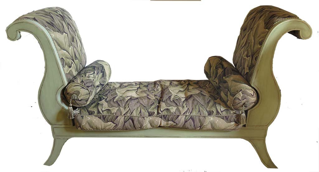 MASON JANSEN BANQUETTE: A semi-antique banquette by Mason Jansen. The green paint and gilt decorated frame ,supporting tall upholstered side arm and loose seat cushion, on curved outswept legs. Measures: 60" L x 18" W x 36" 