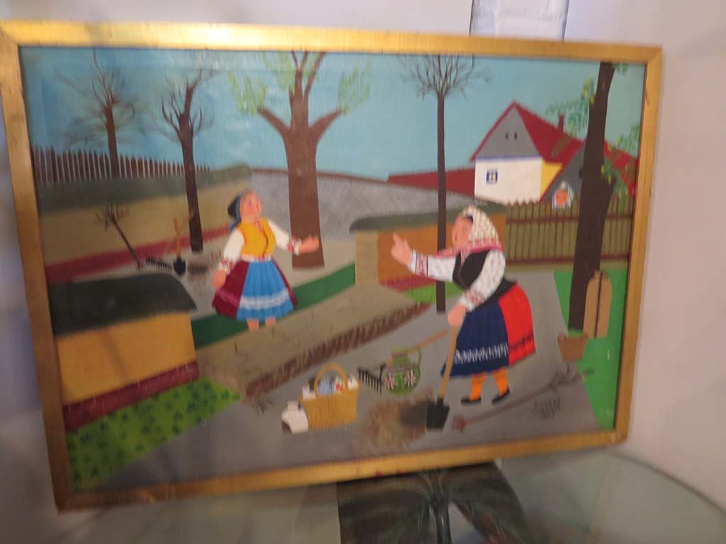 OIL ON CANVAS: Oil on canvas depiciting to womens talking. Signed Zuzan Chalupova and dated 1968. Suctom framed. Measures: 19¾" H x 27½" W.