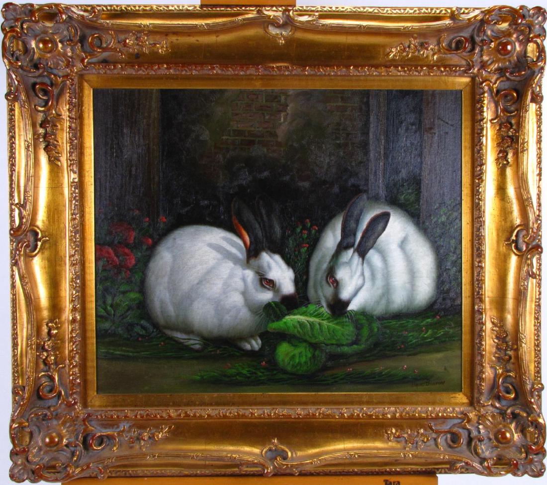 Signed Decorator Oil Painting, Rabbits (1 of 4)
