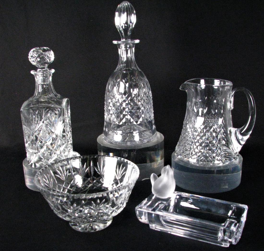 Group of Sevres, St. Louis and Webb Crystal: Group of crystal, five pieces including: Sevres ashtray with frosted bird decoration, hallmarked on bottom "Sevres France"; Thomas Webb bowl; Webb and Corbett decanter and pitcher, both with crown hal