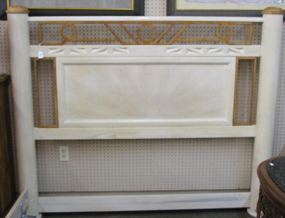 Henredon Queen Size Bed: A queen size bed frame, by Henredon, transitional style with wood headboard, footboard and rails, having coordinating open trim, excellent condition, headboard height 58.5"h