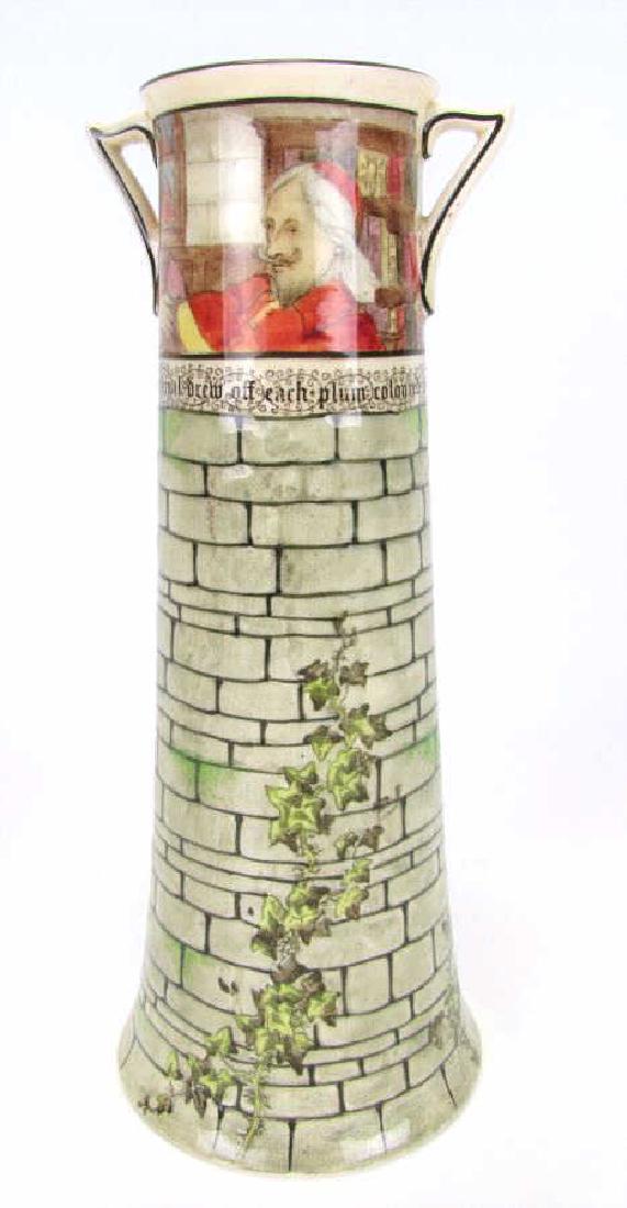 Royal Doulton "Jackdaw of Rheims" Tower Vase: Royal Doulton "Jackdaw of Reims" Tower Vase, porcelain handled vase in the shape of an ivy clad tower featuring a scene from The Jackdaw of Rheims written by Richard Harris Barham in 1840. It concerns