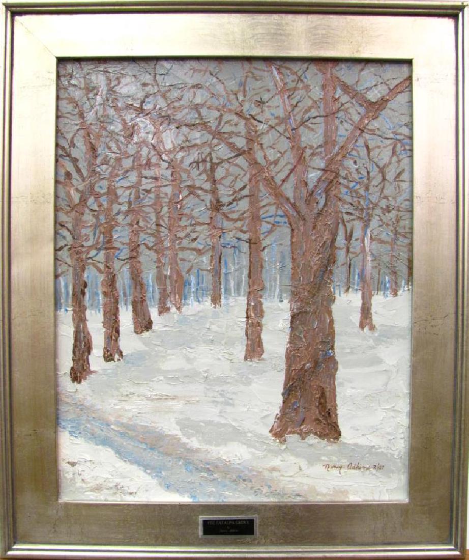 Nancy Adkins 20x16 O/B "The Catalpa Grove": Nancy Adkins (IN, active) 20x16 , O/B , signed lower right, 2/07 , "The Catalpa Grove" , Depicting: interior woods in snow