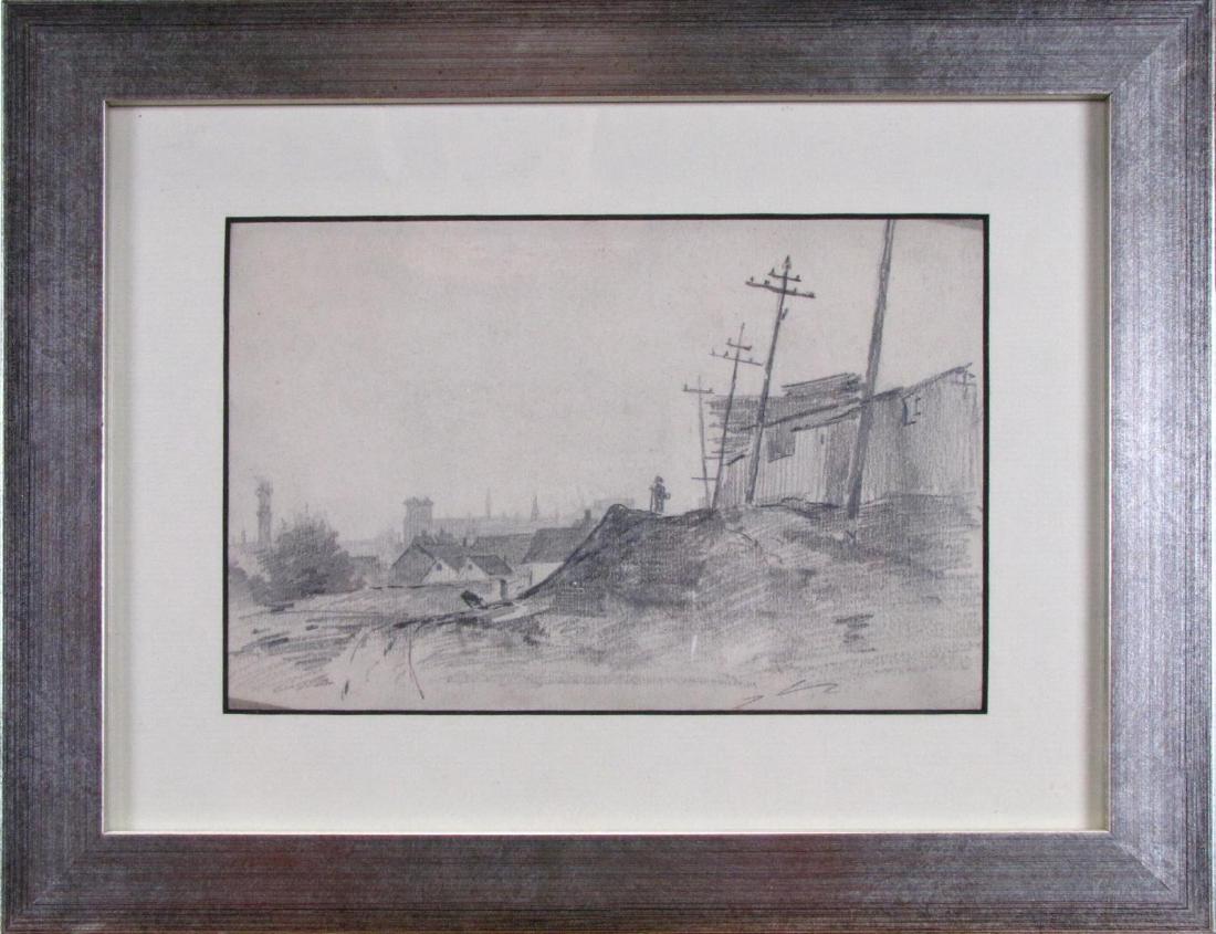 Wm J Forsyth 6x9 Graphite Figure on a Hill: Wm J Forsyth (IN, 1854-1933) 6x9 , Graphite , Figure on a Hill , Depicting: figure at city limits, near building , Inscribed: verso, authenticated by Susan Forsyth