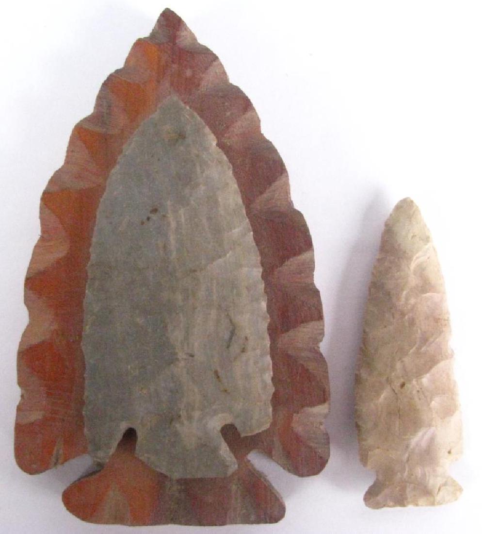 Indiana Lost Lake and Godar Points: Indiana Lost Lake and Godar Points, Lost Lake point is mounted to a wooden arrowhead 3.5"; Godar 3 1/8", found near Indian Creek in Greene County in 1976