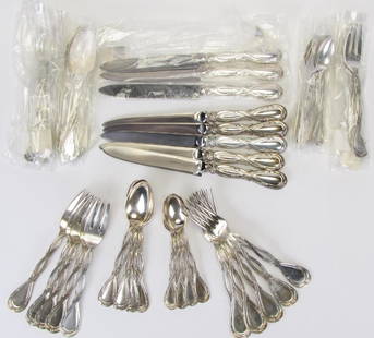 Puiforcat "Royal" Sterling Flatware, 40 Pcs: Puiforcat "Royal" Sterling Flatware, 40 Pcs, serving for eight including: dinner forks, salad forks, tablespoons, teaspoons and knives, four sets in original sealed plastic, with Neiman Marcus felt ca