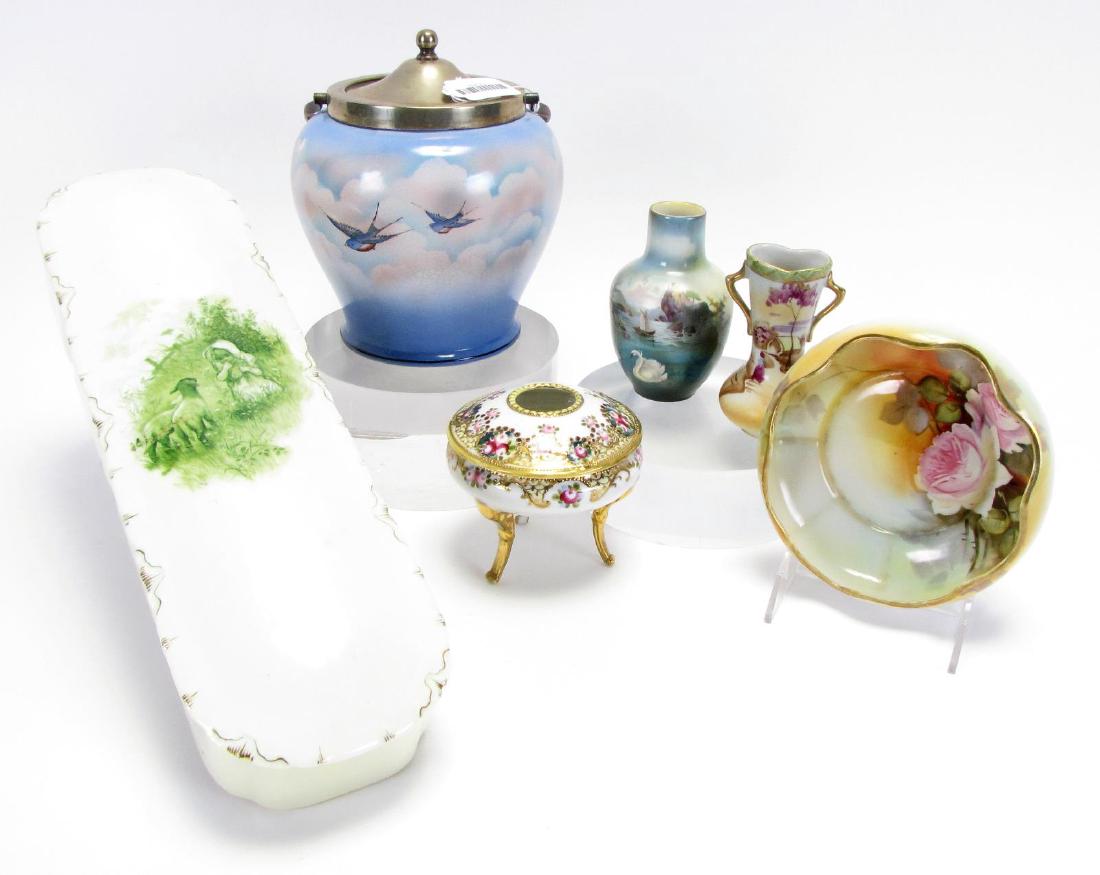 Group of Decorated Porcelain: Group of Decorated Porcelain, Palissy biscuit jar with metal lid; RC Versailles Printemps lidded oval dish, lid depicts child with lambs; Nippon dish, small vase, tripod censer with removable lid, all