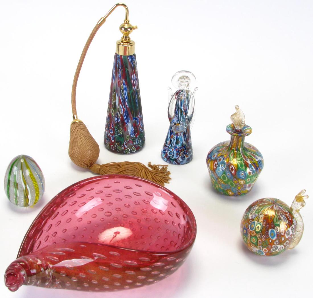 Group of Murano Art Glass: Group of Murano Art Glass, six total including: egg paperweight with ribbon decoration; snail form paperweight with Millefiori decorated body; bottle with Millefiori decoration and leaf form stopper w