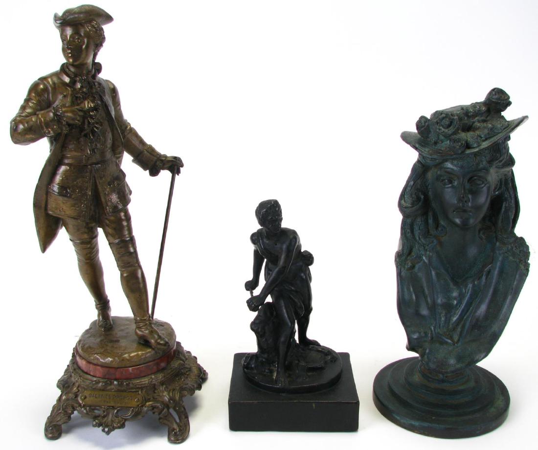 Group of Bronze Sculptures: Group of Bronze Sculptures, three total including: after Eutrope Bouret (Fr. 1833 - 1906), "Galants Propos", depicting a nobleman with walking stick, on marble and pierced bronze base; bronze bust of