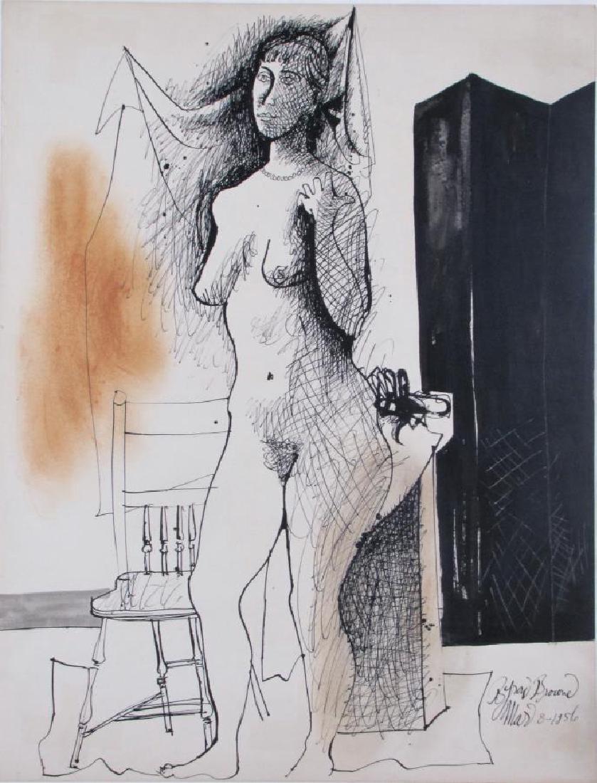 Byron Browne 26x20 Ink/Wash "Damsel": Byron Browne (US, 1907-1961) 26x20 , Ink/Wash , signed lower right , "Damsel" , Inscribed: dated Mar 8, 1956 lower right