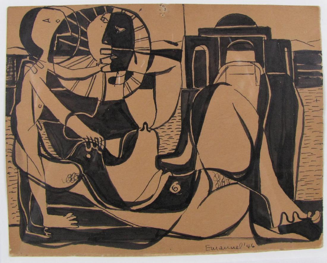 Herzl Emanuel 5.5x7 Ink/Card Cubist Couple: Herzl Emanuel (US, 1914-2002) 5.5x7 , Ink/Card , signed lower right, 1946 , Cubist Couple size as framed 12x14