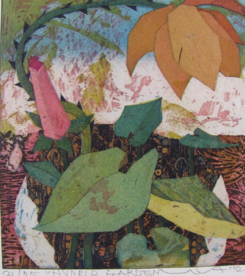Intaglio Print by Yuji Hiratsuka: A framed intaglio print by Yuji Hiratsuka (American, active), sight 6.5 x 6, "Hybrid Garden", signed, titled, dated '02 and numbered 21/35 in pencil lower margin, size as framed 17 x 15