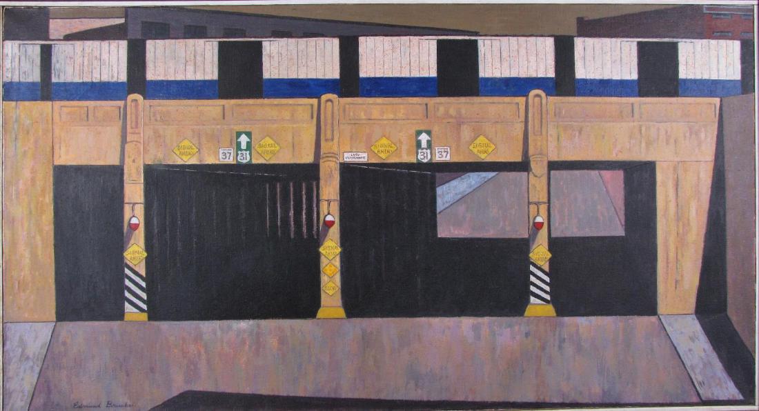 Edmund Brucker 26x48 Acry/C "Delaware St Underpass: Edmund Brucker (IN, 1912-1999) 26x48 , Acry/C , signed lower left , "Delaware St Underpass" , Depicting: Indianapolis city street, underpass , Inscribed: IMA Rental Gallery tag attached verso