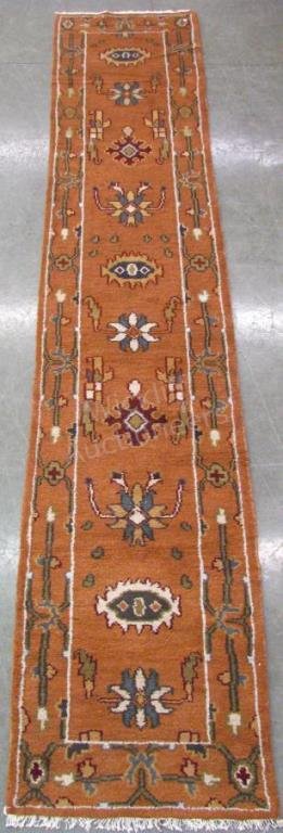 Handmade Oriental Runner Rug: Handmade Oriental Runner Rug, Mahal design, rust field with red, blue and tan medallion decoration, rust border with gray and blue floral decoration, 2'7" x 14'