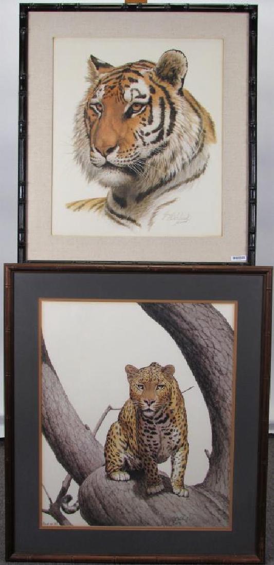 Four Guy Coheleach Wild Feline Prints: Two Guy Coheleach (US, East, 20th-21st Cent) Prints including two framed: "Leopard Stare", depicting crouched leopard in tree, #361, plate XXIV; and "Liberian Tiger", depicting tiger bust, plate XVII;