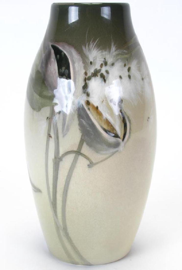 Ed Diers Rookwood Pottery Vase: Ed Diers Rookwood pottery vase, depicting bursting milkweed pods, high glaze, shape 939B, 1904 date mark, incised artist mark, "X" mark for glaze imperfections on top rim, 9.75" high
