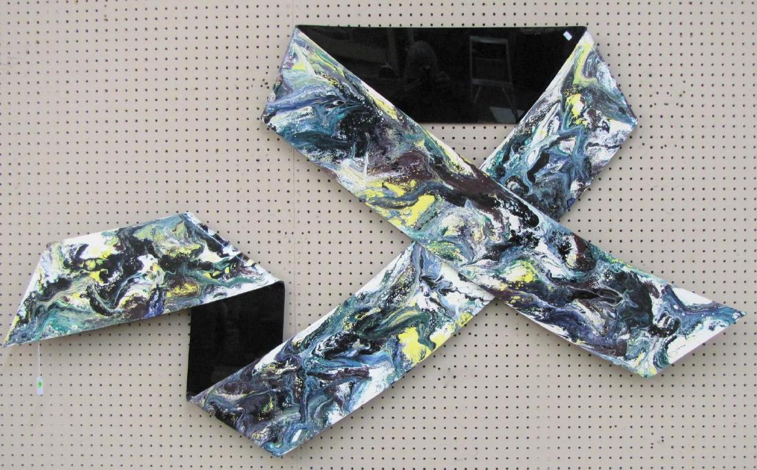Richard Mann Acrylic Wall Sculpture: Richard Mann Acrylic Wall Sculpture, Richard Mann (CA, 20th century), two piece ribbon form wall sculpture, acrylic on black acrylic depicting a multicolored cosmic scene, signed "R. Mann", 29" x 42"