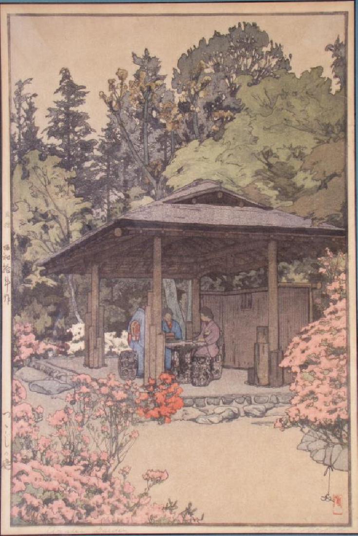 Japanese Woodblock Print by Yoshida Hiroshi: "Azalea Garden", a color woodblock print by Hiroshi Yoshida (1876-1950), signed and titled in pencil lower margin, image size: 14.5 x 9.5, as framed 22x17