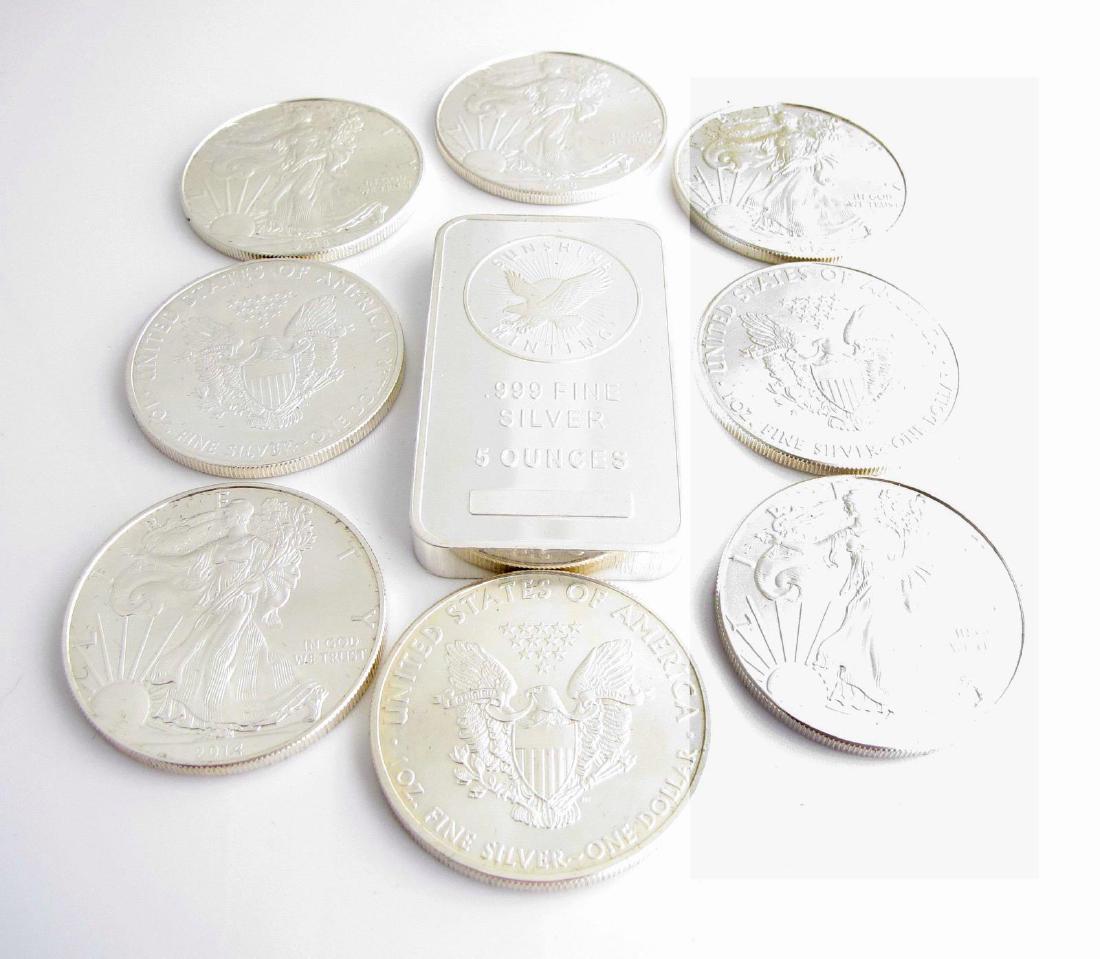 Eight Silver Eagle 1 oz Coins and 5 oz Silver Bar (1 of 1)