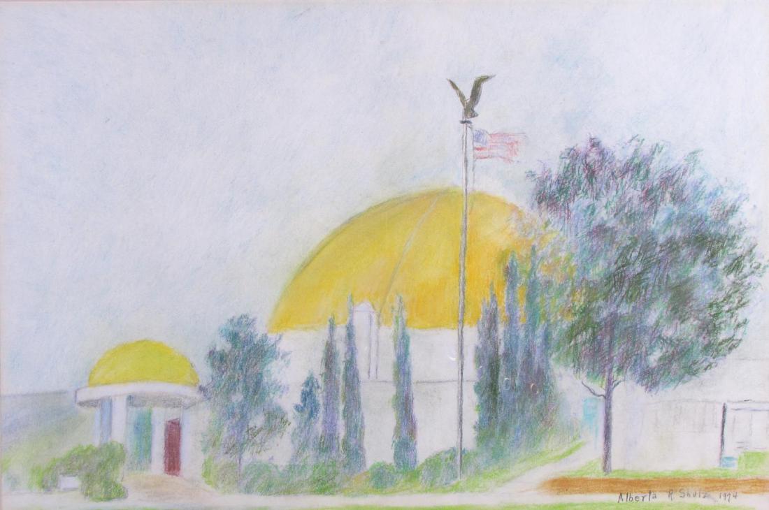 Alberta Shulz 13x20 Pastel Dome and Flag: Alberta Shulz (IN, 1892 - 1980) 13x20 , Pastel , signed lower right, 1974 , Dome and Flag , Depicting: two domed structures, American flag